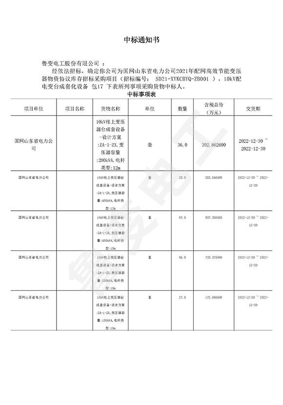 國網(wǎng)山東省電力有限公司中標(biāo)通知書